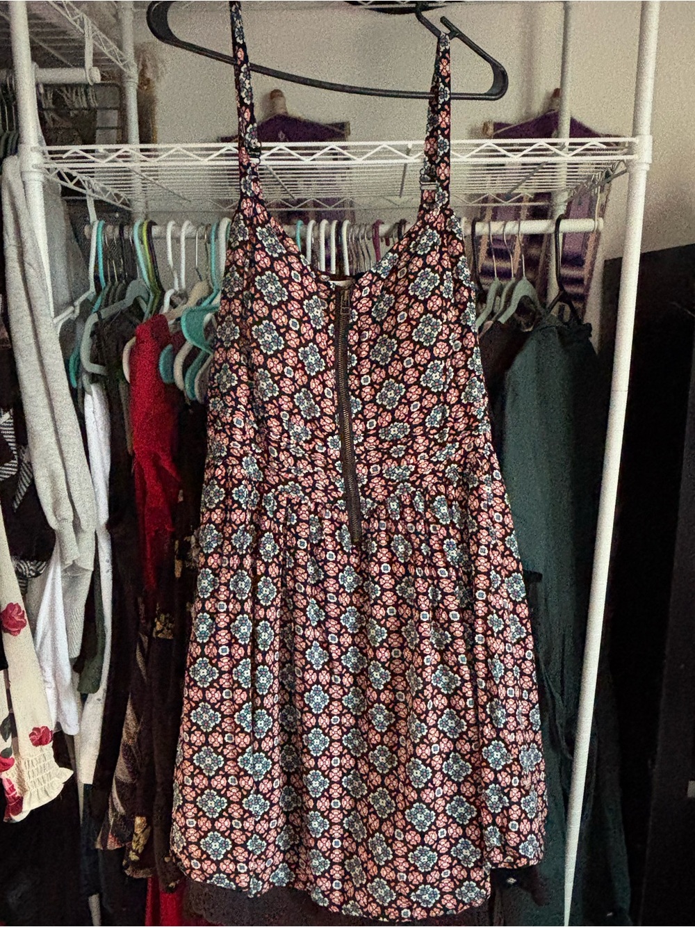 American Rag Pink and Blue Floral Midi Dress with Front Zip